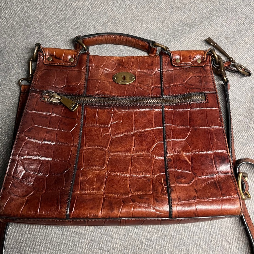 Fossil Crossbody Bag Croc Embossed Leather Brown Women Small ZB5438 - Picture 4 of 9